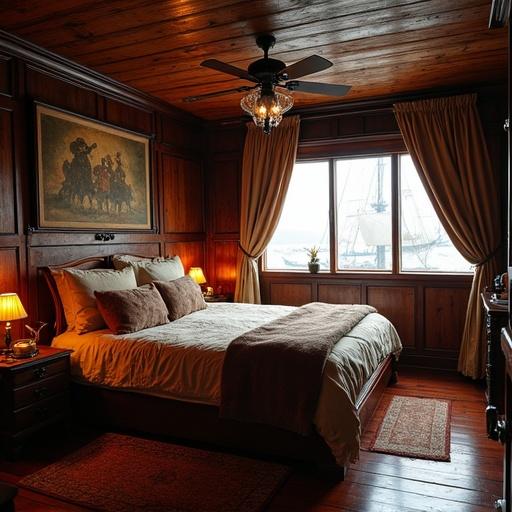 A cozy bedroom on a ship with wooden walls and ceiling. A large bed with decorative pillows. Soft lighting from bedside lamps. A window reveals a view of the sea. Nautical decor elements visible.  Historical maritime theme