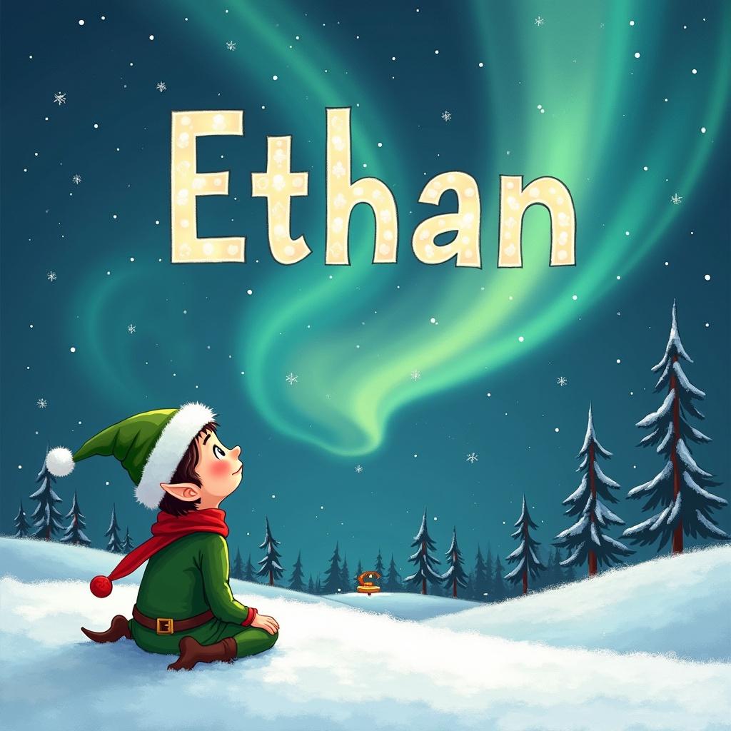 This whimsical image features an elf sitting in the snow, gazing up at the sky. The northern lights dance beautifully above, illuminating the snowy landscape. In the sky, the name Ethan is written in a playful, festive font. The scene captures the magic of Christmas, combining holiday charm with a sense of wonder. This artwork is perfect to evoke the holiday spirit and celebrate family traditions during the festive season.