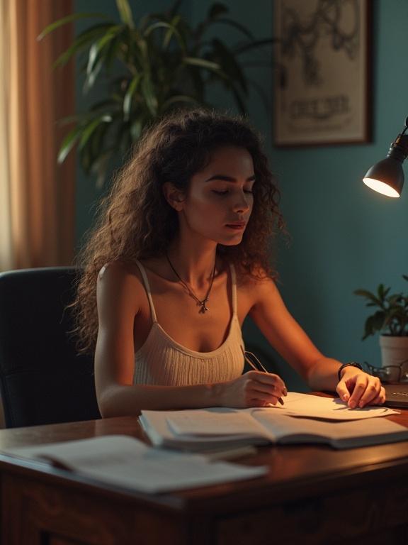 A woman with curly hair writing at a desk in a cozy room. The atmosphere is warm with soft lighting. She appears focused and engaged in her work.