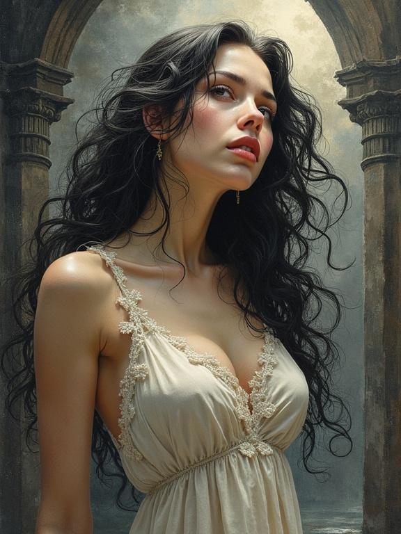 Artistic representation of a beautiful girl with flowing hair in a fantasy setting, wearing a light dress. Emphasis on a mystical atmosphere and intricate background.