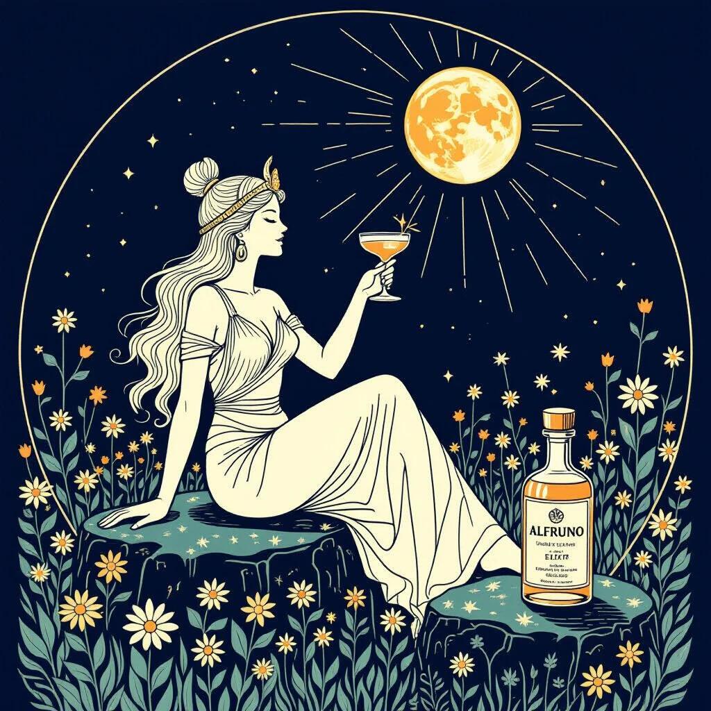 Line art drawing of Venus goddess seated in wildflowers offering a toast to the moon. Holding cocktail glass. Bottle of ALFRUNO elixir on mossy stone. Bold black outlines with deep indigo background. Emphasis on elegance and simplicity.