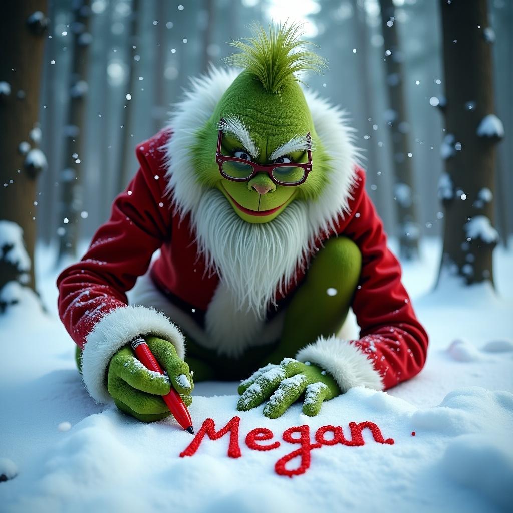 This image features the Grinch in a snowy forest, kneeling down and writing the name 'Megan' in the snow using a red marker. Snowflakes are gently falling, adding to the enchanting winter atmosphere. The scene exudes a festive spirit, highlighting a personalized touch during the holiday season. The Grinch's iconic long white beard and glasses bring a classic appeal, making this image truly heartwarming for Christmas. It's a delightful representation of the joy and personalization associated with the holiday.