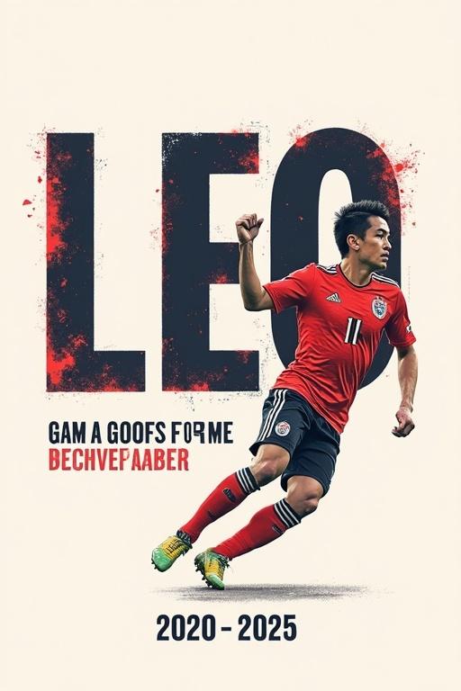 Bold uppercase letters spelling LEO in vintage-style font. Illustration of Heung-min Son capturing action. Retro feel with bootleg collage design. Bottom features years 2020 to 2025 in a stylized look.