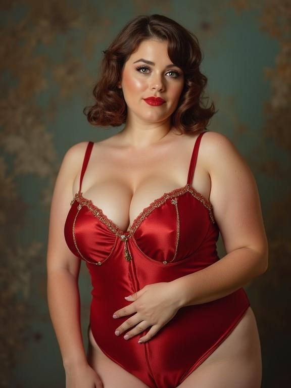 Portrait of a plus-size model in red lingerie. Elegant and vintage style. Soft background. Charming expression towards the viewer.