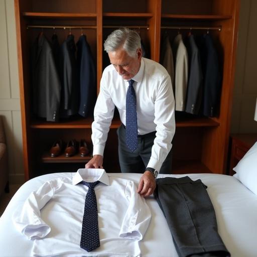 A mature gentleman lays out clothes on a bed. Pressed white shirt and wool trousers are neatly organized. A silk tie is included. Polished leather shoes are placed in view. Behind him, suits hang in various colors and patterns in a wardrobe. The scene focuses on preparation and organization.