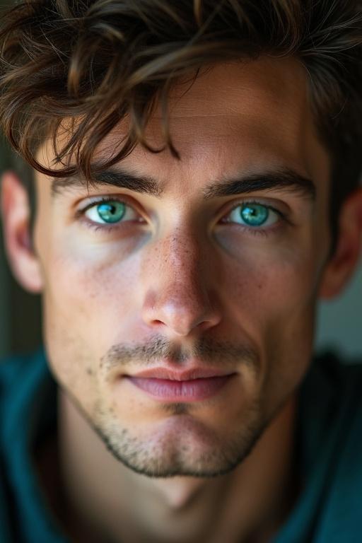A captivating close-up portrait of a man showcasing very unnatural yet striking teal eyes. The image focuses on his face, emphasizing his expressive features in a well-lit setting with a soft color palette.