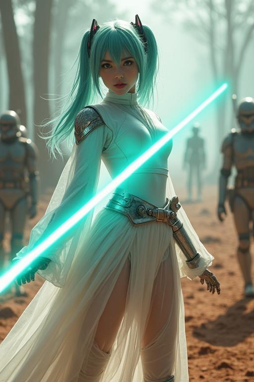 Young woman resembling Hatsune Miku dressed in transparent white jedi armor wielding a turquoise lightsaber. Battlefield setting in a scorched forest with droids in the background.