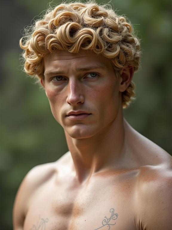 A Roman emperor with blonde, mid-length curly hair. Smooth jaw and shaven face. Chiseled features reminiscent of Caesar and Hadrian. Torso visible against an outdoor background. Natural skin tone and grey-green eyes. Approximately 30 years old. Hair style similar to Michelangelo's David.