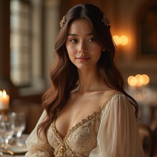Ethereal fantasy gown worn by a young woman with glossy brown hair. The gown features translucent fabrics and ornate embroidery. She stands in a candlelit dining hall with arched windows and stone columns. The atmosphere is magical and graceful. A gentle smile adorns her small face, emphasizing a refined elegance. The gown subtly highlights her physique.