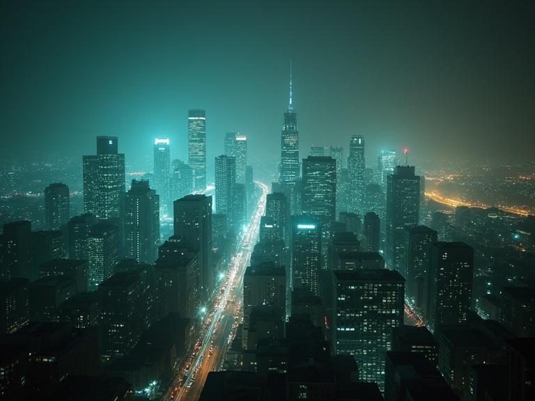 Aerial shot of a city at night with a cathode ray tube filter effect. View of skyscrapers illuminated against a dark backdrop. Soft teal and blue hues dominate the scene.