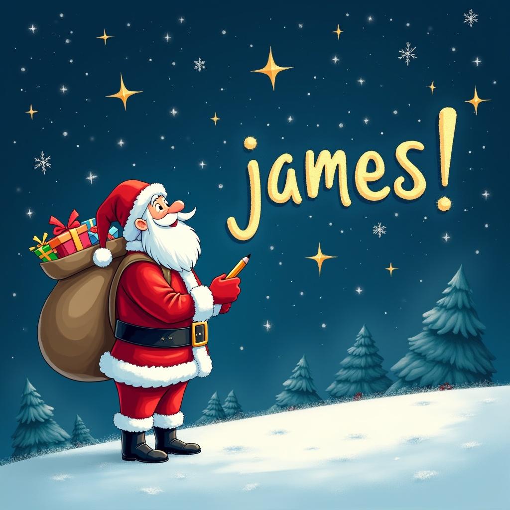 In a magical winter scene, Santa Claus stands on a snowy hill under a starry night sky. He is holding a pencil and looking up as he writes names of children in the sky. Santa, dressed in his traditional red and white suit, has a large sack of gifts on his back. The night is bright with twinkling stars surrounding him. The phrase 'james!' is displayed in a whimsical font, adding to the festive atmosphere.