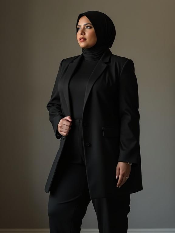 High-fashion portrait of a curvy plus-size hijabi model. Dressed in a fitted office formal long-sleeve top and pants. Black attire highlighting her curves. Elegant hijab framing her face. Soft lighting creates an elegant atmosphere.