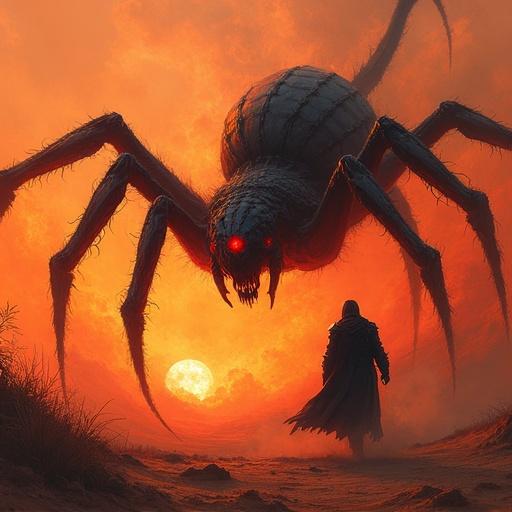 High contrast colorful sketch of cinematic dark fantasy scene. Spider-like monster with glowing red eyes faces a black-armored warrior. Dynamic perspective with an orange-red fiery desert background and studio lighting. Motion blur enhances the battle's intensity. Triadic color palette is used.