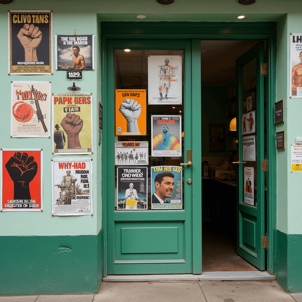 This image depicts the entrance of a boutique or gallery, showcasing a collection of vintage and retro posters on the exterior wall and the glass door. The posters feature a variety of themes, including political movements and old con movies, with prominent imagery like raised fists, vintage typography, and classic illustrations. The building is painted in a pleasing shade of green, and the door is slightly open, inviting guests inside. The setup evokes a nostalgic or historical atmosphere, celebrating artistic and cultural elements from the past.