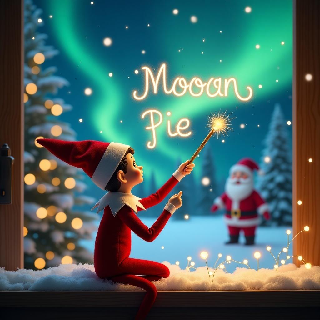 This image features a charming elf on the shelf, seated with its back to the viewer, gazing up at the mesmerizing night sky. The elf, dressed in festive red attire, is using a magical wand to elegantly write 'Moon Pie' in the snow. In the background, a delightful Christmas scene unfolds with vibrant northern lights illuminating the sky and a cheerful Santa Claus nearby. The atmosphere is filled with holiday spirit and wonder, making it the perfect illustration for the festive season. The overall composition invites viewers into a whimsical world of Christmas joy.