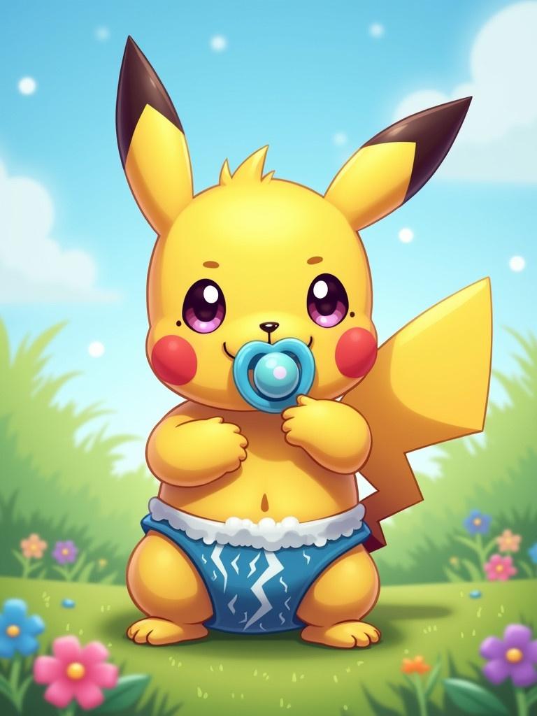 A baby Pikachu stands in a vibrant grassy field. Pikachu has a playful expression and purple eyes. A light blue dummy is in Pikachu's mouth. Pikachu wears a baby diaper with a stormy weather design. The background has sunny blue sky and flowers.