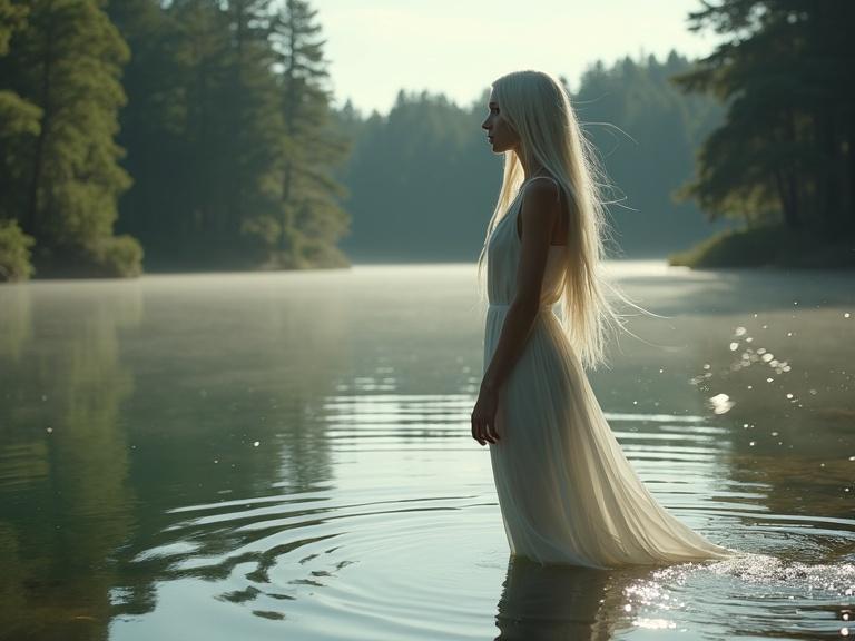 A young woman with long straight platinum blonde hair stands by a lake. She wears a flowing white dress while exhibiting water kinesis powers. Water floats around her in the air. The scene is set in a wooded area on a sunny day with soft natural lighting.