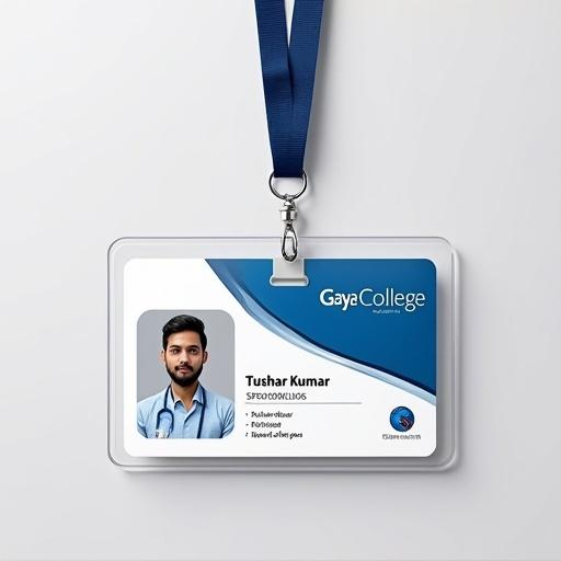 Image shows a student ID card designed in blue and white. Name Tushar Kumar is displayed. Student ID number is SP09CKU062. Gaya College is shown prominently. A lanyard is attached for easy carrying.