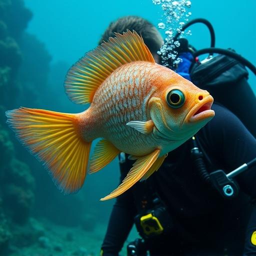 Vivid ornamental fish swimming near a scuba diver. Underwater scene with blue water and bubbles. The fish displays vibrant orange and yellow colors. The diver is in the background, wearing scuba gear and equipment.