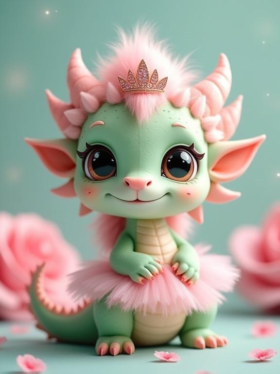 A whimsical dragon-like creature with pale green skin and fluffy light pink hair. It wears a sparkling pink crown and tutu dress. The background is soft teal with pink roses. The creature has a round face, large expressive eyes, and a small smile. The composition is soft and rounded, embodying cuteness and gentleness.