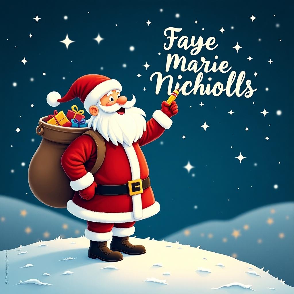 In a magical winter scene, Santa Claus stands on a snowy hill under a starry night sky. He is holding a pencil and looking up as he writes names of children in the sky. Santa, dressed in his traditional red and white suit, has a large sack of gifts on his back. The night is bright with twinkling stars surrounding him. The phrase 'Faye Marie Nicholls' is displayed in a whimsical font, adding to the festive atmosphere.