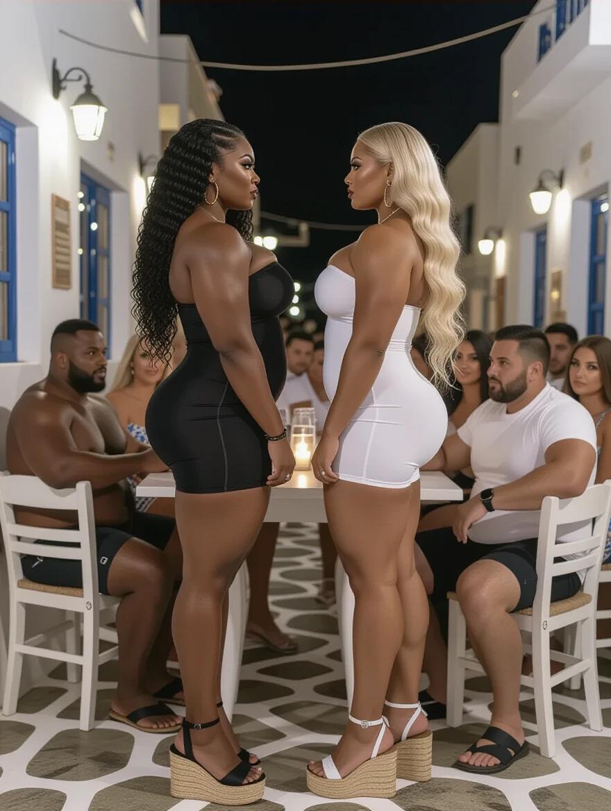Tall bodybuilder women stand closely. They have muscular thighs and ample backs. One woman is black with curly hair. The other woman is white with wavy hair. Both wear tight strapless dresses and espadrille heels. They are looking at each other angrily. The setting is a busy tavern in Mykonos at night.