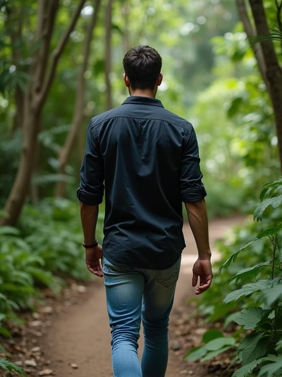 A handsome man walks through a jungle path. He wears a dark shirt and light blue jeans. The focus is on nature around him.