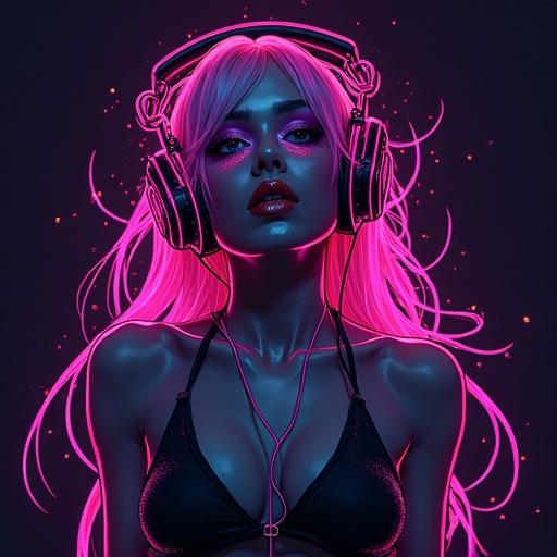 Artwork for an album cover showcasing a female DJ with pink hair wearing headphones and vibrant LED lights. The design incorporates RGB tech aesthetics and conveys a lively atmosphere.
