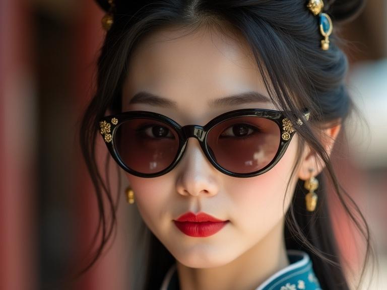 Close-up portrait of an ancient Chinese woman. She wears sunglasses. Red lipstick adds to her features. Hair styled elegantly. Traditional attire adds cultural touch.