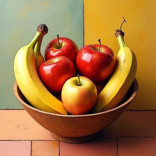 Cubist interpretation of a fruit bowl with apples and bananas in geometric shapes. The fruit is arranged in an earthy bowl. Warm colors create a lively atmosphere. A blend of modern art and still life.