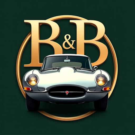 Design a contemporary and opulent logo for B&B Automobiles. Feature a silver Jaguar E-Type prominently. Use two mirrored golden B letters in the background. Implement a dark green to gold gradient as the background. Create a sporty dynamic depiction of the E-Type with headlights illuminated.