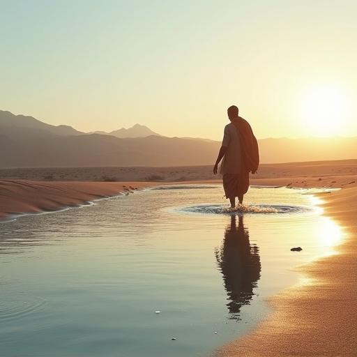 A man made of water walks through the Sahara desert at sunset. The landscape features sandy dunes and a shimmering pool of water, reflecting the warm colors of the sunset.