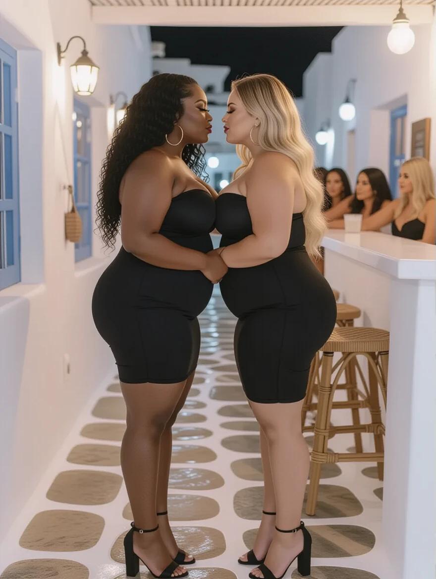 Two thick women with hourglass figures stand face to face. One woman has long curly black hair and the other has long wavy blonde hair. They wear black strapless dresses and high heels. The setting is a vibrant Mykonos bar at night.