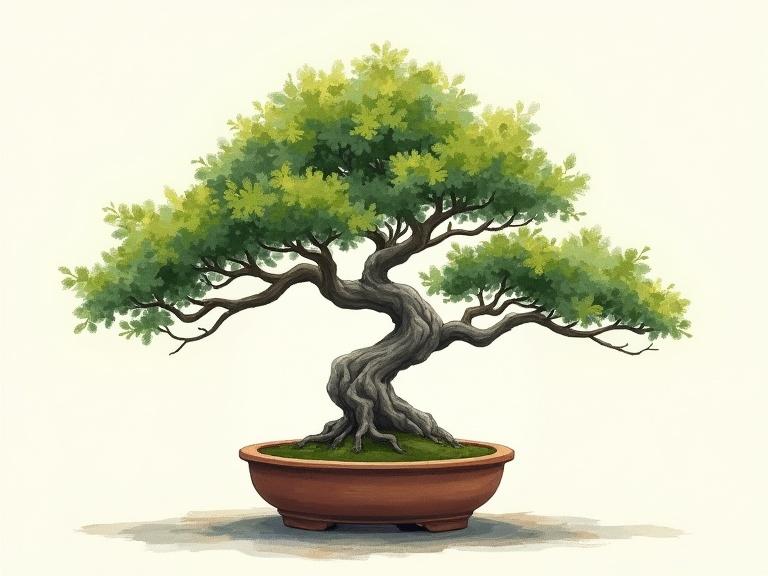 Screen print of realistic bonsai tree. Art is hand painted showing tree in impressionistic leaves and simple background. Tree is gnarly asymmetrical resting in simple clay pot.