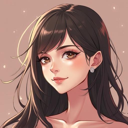 Anime style portrait of a muscular woman. She has long, dark hair and a serene expression. Prominent facial features. Rendered with soft colors and warm lighting.
