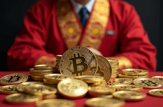 A person in a red robe with gold trim sits behind a pile of gold Bitcoin coins.