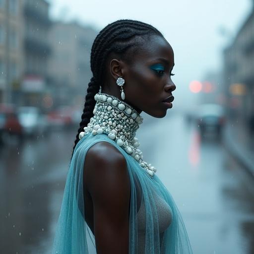 A West African muse with blue-black skin and ethereal makeup. Jewelry is ocean-inspired with pearl and coral elements. Wearing a translucent gown that flows like water. Background features a misty cityscape reflected in rain. Mood is serene and surreal.