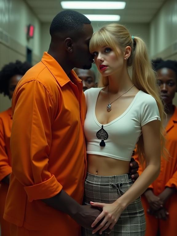 Scene in a prison cell with two main characters in close embrace. Female character has blonde hair in twintails with bangs. She wears a cropped white shirt and plaid skirt. Male character is an older black man in an orange jumpsuit. They are in a tense moment. Other people in prison attire are in the background.