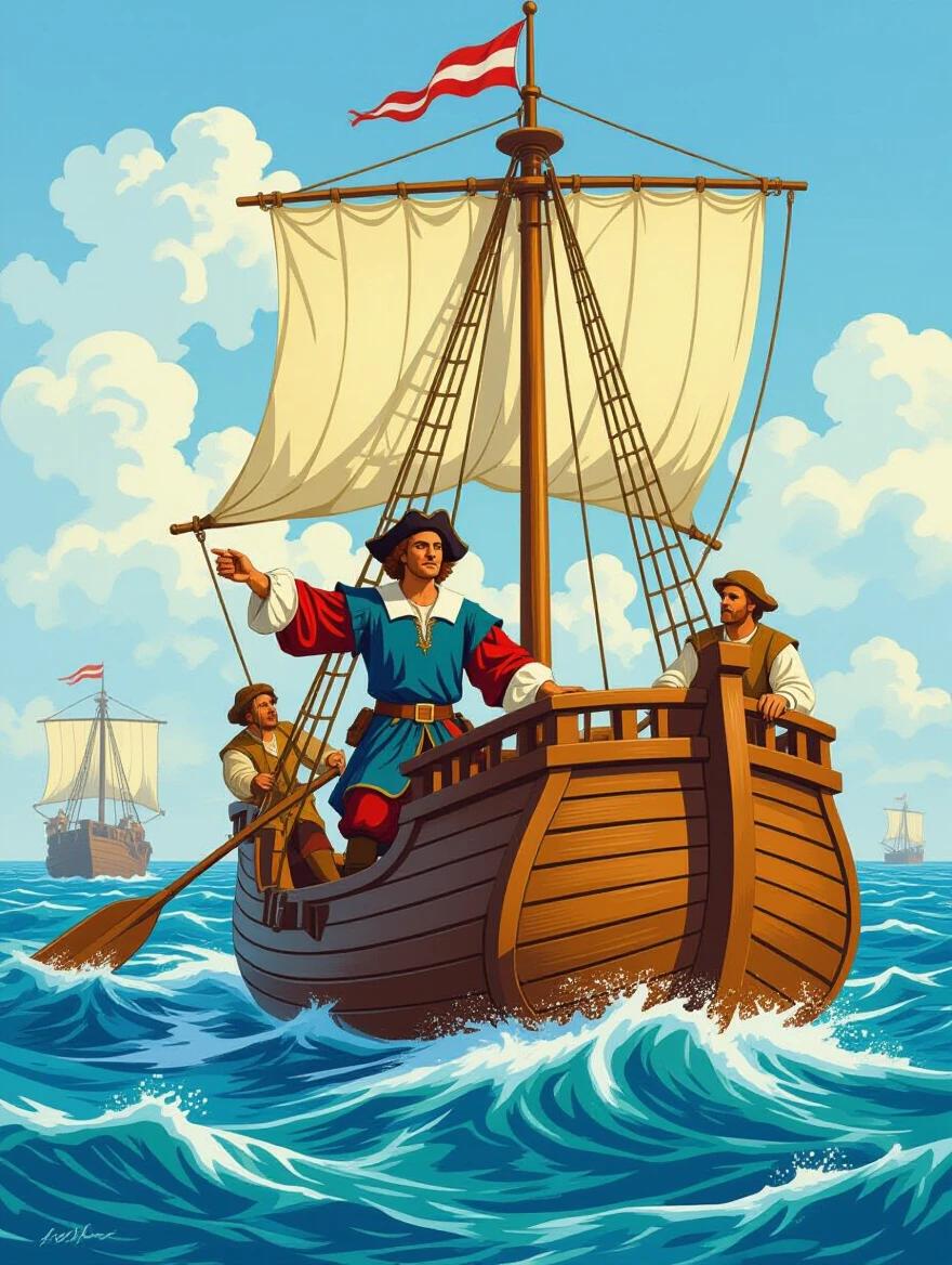 A ship sailing through the rough Atlantic seas with sails raised three sailors are navigating. Background includes distant ships on the horizon. Style is colorful and cartoonish.