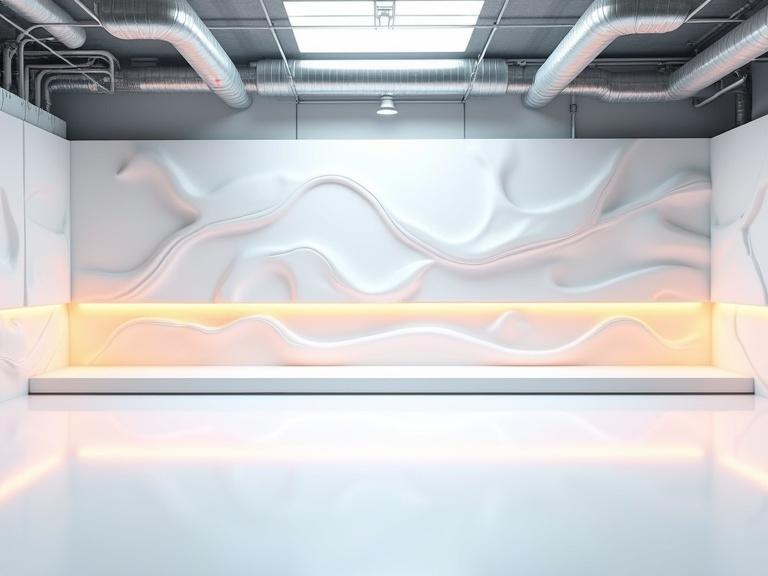 Photorealistic panoramic interior of a modern high-tech laboratory. Single back wall with sculpted white panels. Smooth organic 3D textures. Glowing orange LED strip along the wall. Seamless glossy white floor. Exposed metallic pipes and structured ducts on the ceiling. Wall divided into three sections with variations in lighting and grooves. Front-facing studio environment.