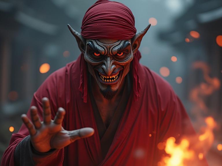 Male character with a red headscarf and Chinese nuo mask. Long fangs and big evil eyes. Wearing a robe, hand surrounded by evil energy holding a talisman paper. Incense and smoke in a mysterious outdoor background at night. Close-up shot with head forward. Character in a weird dancing pose. Impactful atmospheric art in a fantasy style.