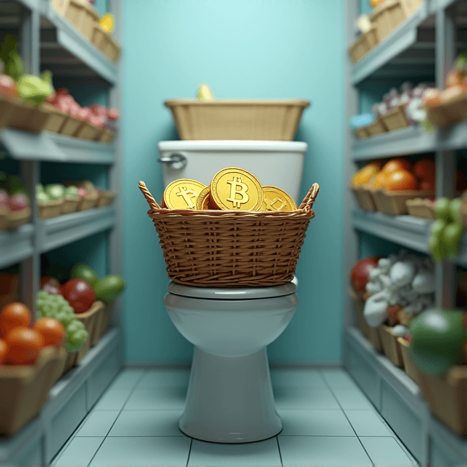 A whimsical scene of a basket filled with Bitcoin coins placed on a toilet surrounded by fresh produce.