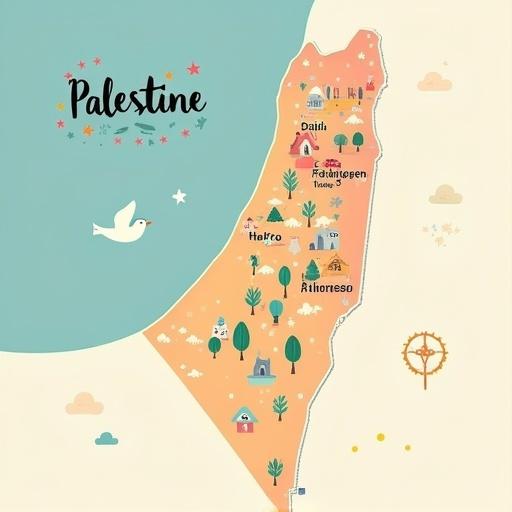 Artistic map of Palestine designed for children. Colorful with soft pastel shades. Important cities highlighted. Peace symbols included. Simple outline style. 'Palestine' written in Arabic and English. Fun illustrations of animals and flowers incorporated. The tone is peaceful and educational.