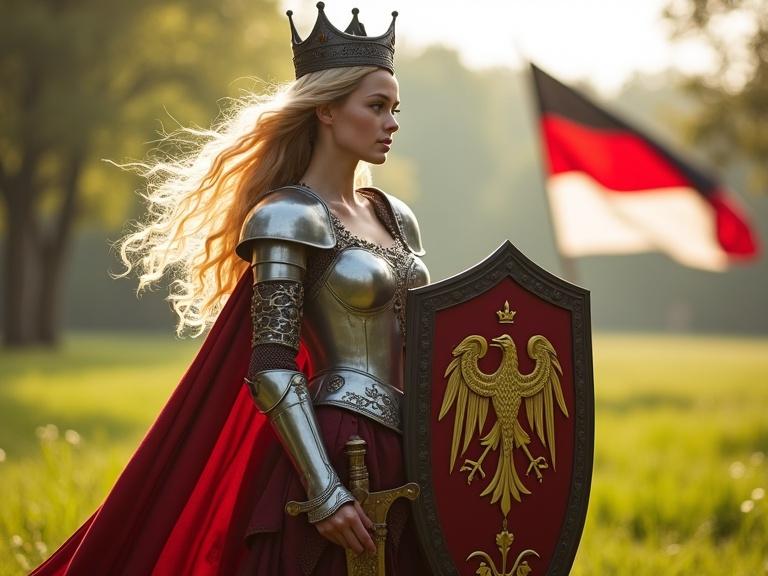A young woman with long blonde hair and a big chest stands in armor. A black crown adorns her head. She wears a white armor and a deep red skirt. A shield with the imperial eagle coat of arms is on her left arm. In her right hand, she holds a golden sword. She is on a green meadow with bright sunlight. A black, white, and red-striped flag flies behind her.