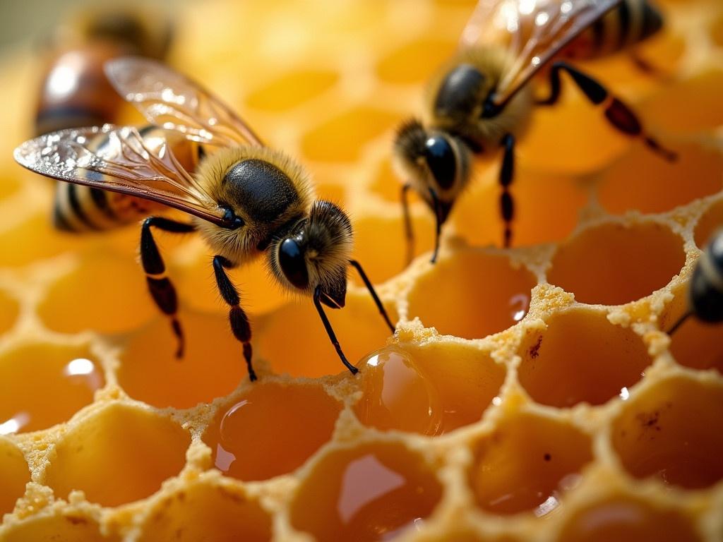 A closeup view of worker bees feverishly working to fill waxed honeycomb with honey. The bees are actively moving around, showcasing their busy nature. The intricate details of the honeycomb structure are clearly visible, with hexagonal cells shining in a golden hue. A few bees can be seen dripping honey as they work tirelessly within the honeycomb. This image captures the essence of a bustling beehive, where teamwork and productivity thrive.