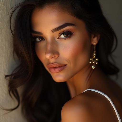 Portrait of a 22-year-old Brazilian woman. Features strong natural beauty and confidence. Smooth olive skin with a glowing texture. Harmonious face with defined lips and expressive dark eyes. Elegant pose against a soft background. Mood conveys femininity.