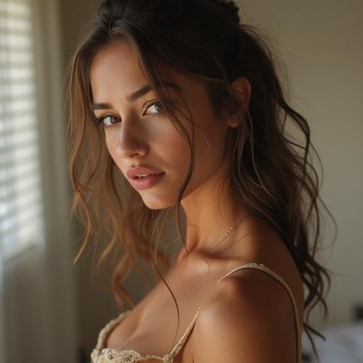 Create an image of a woman with long hair and a gentle expression. She is wearing a light-colored top and has a soft, warm light illuminating her face. The background should be softly blurred to highlight the subject.