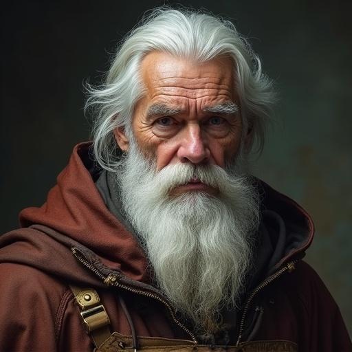 A portrait photo of a DND cleric. He is between 45 and 50 years old. He is worn and looks tired. He has a white beard and white hair.