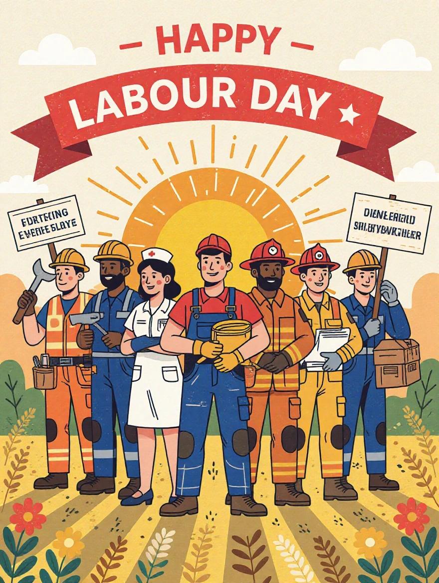 Vibrant illustration celebrating International Labour Day. Workers from various professions stand together. Include construction worker, nurse, teacher, farmer, firefighter, engineer, delivery driver, factory worker. They hold tools, united in solidarity. Backdrop features a sunrise symbolizing hope. Include banners saying 'Happy Labour Day' and 'Celebrating Workers Everywhere'. Outdoors setting with warm colors.