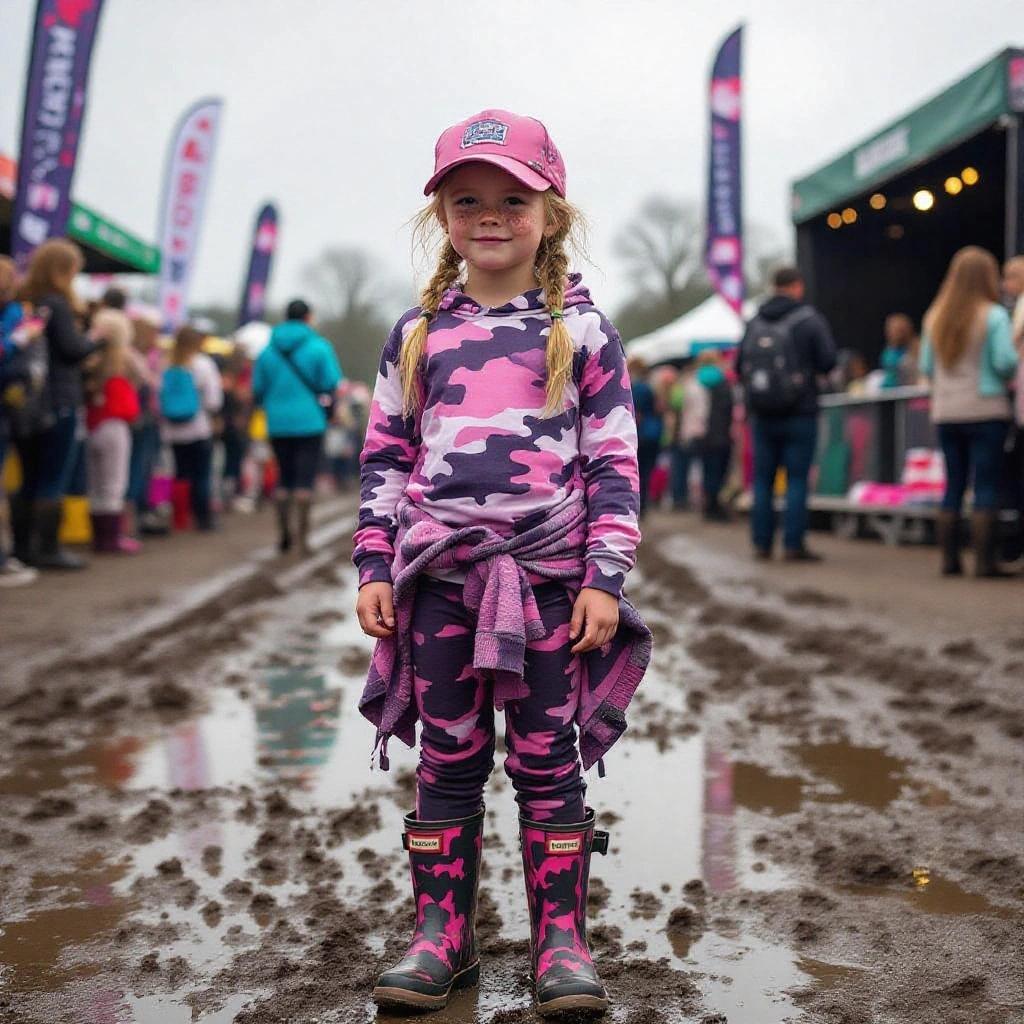 Brianna Jr attends her first music festival in wet muddy conditions wearing a pink camouflage outfit with muddy boots. A lively festival atmosphere surrounds her with colorful tents in the background.